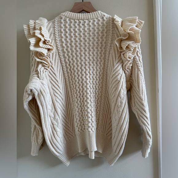 Clare V x Demylee Ivory Chunky Cable Knit Ruffle Shoulder Cotton Sweater L - Picture 6 of 12